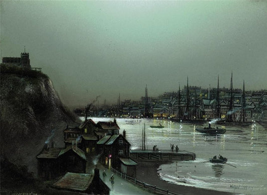 Evening harbor scene, vintage artwork by Wilfred Jenkins, 12x8" (A4) Poster