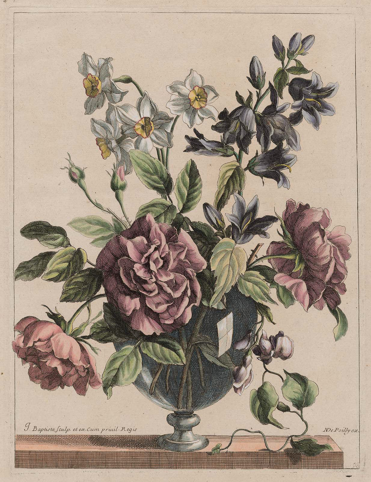 Arrangement of Roses, Jonquils, and Campanula in a Glass Vase (Les Vases Diaphanes), vintage artwork by Jean-Baptiste Monnoyer, 12x8" (A4) Poster