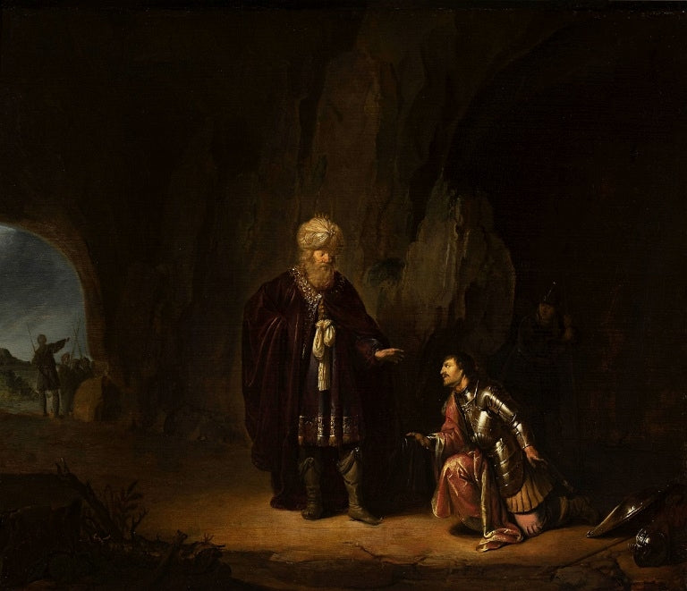 Saul and David in the cave of En-Gedi, vintage artwork by Willem de Poorter, 12x8" (A4) Poster