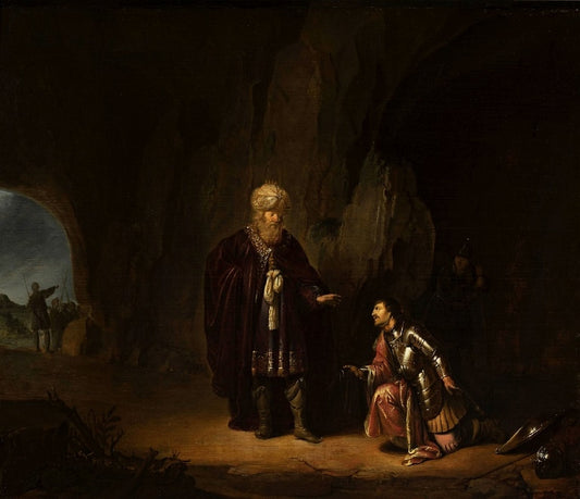 Saul and David in the cave of En-Gedi, vintage artwork by Willem de Poorter, 12x8" (A4) Poster