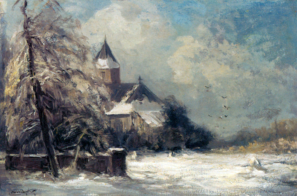 A Church in a Snow-Covered Landscape, vintage artwork by Louis Apol, 12x8" (A4) Poster