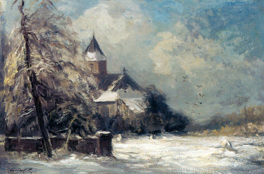 A Church in a Snow-Covered Landscape, vintage artwork by Louis Apol, 12x8" (A4) Poster
