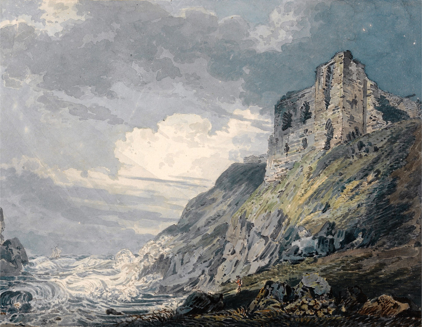 Findlater Castle, Banff, vintage artwork by Thomas Girtin, 12x8" (A4) Poster