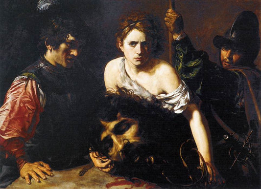 David with the Head of Goliath and Two Soldiers, vintage artwork by Valentin de Boulogne, 12x8" (A4) Poster