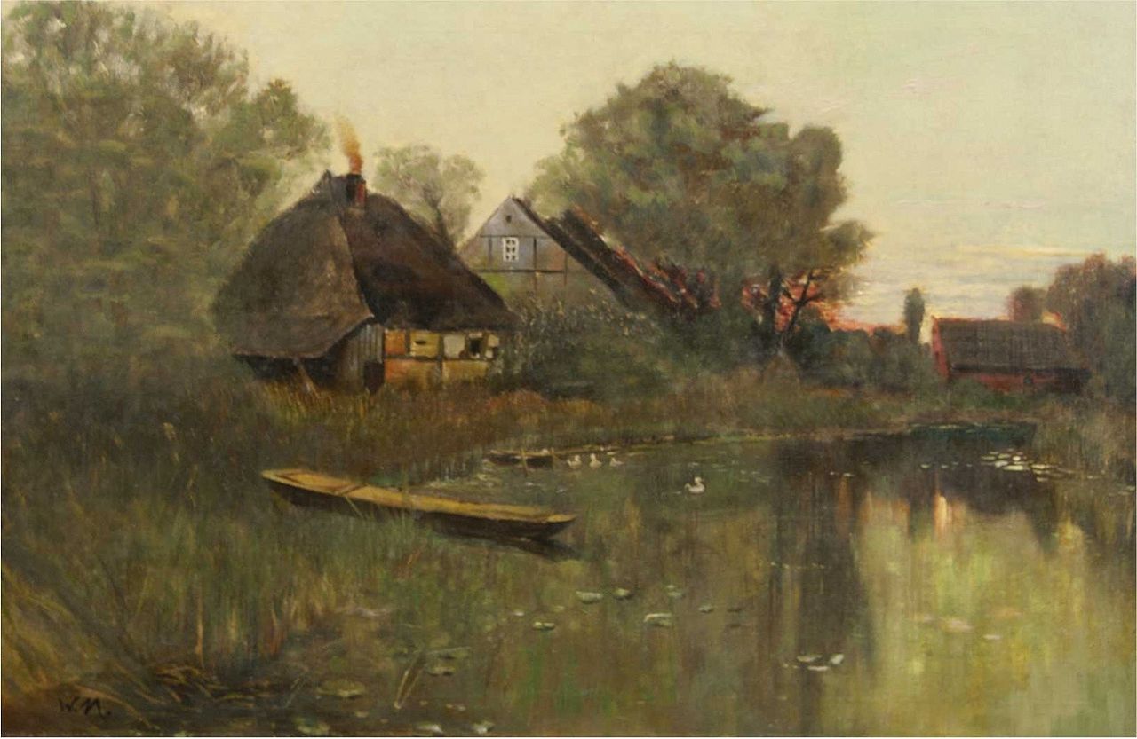 Evening at the lake, vintage artwork by Walter Moras, 12x8" (A4) Poster