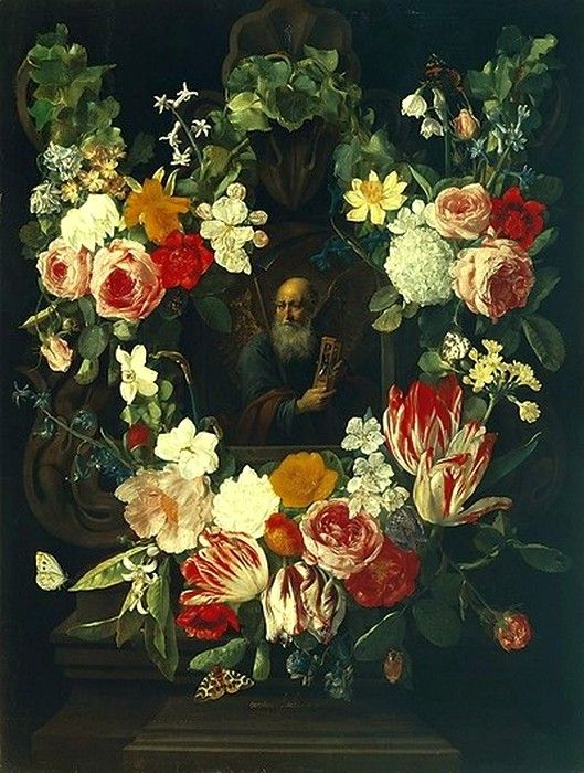 Personification of Time in a Flower Garland, vintage artwork by Carstian Luyckx, 12x8" (A4) Poster