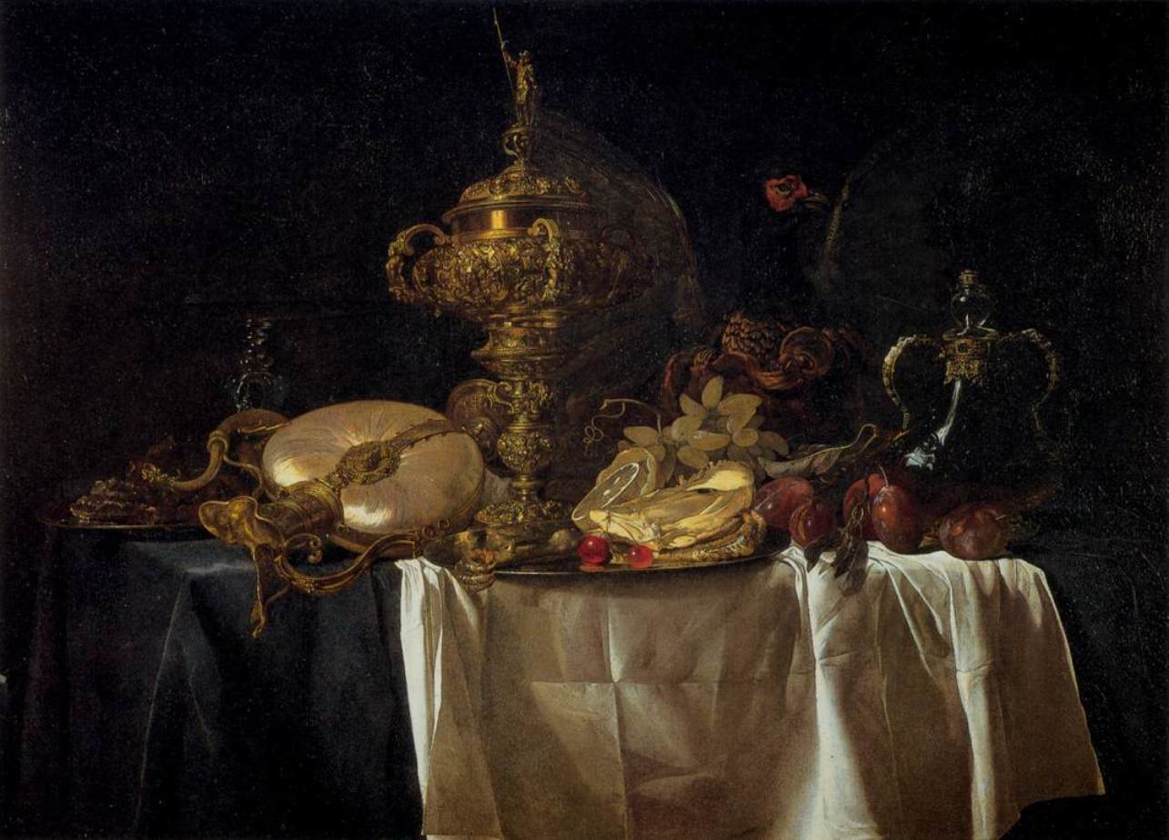 Still-Life with Fruit and Tableware, vintage artwork by Willem van Aelst, 12x8" (A4) Poster
