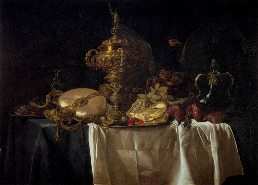 Still-Life with Fruit and Tableware, vintage artwork by Willem van Aelst, 12x8" (A4) Poster
