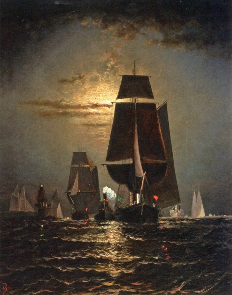 Sailing by  Moonlight, vintage artwork by Elisha Taylor Baker, 12x8" (A4) Poster