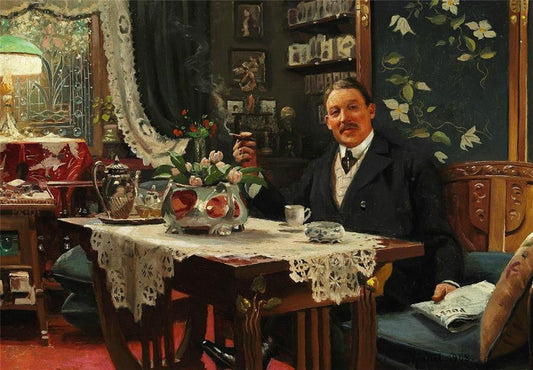 Interior with a man smoking a cigar and reading the newspaper "Politiken", vintage artwork by Peder Mork Mønsted, 12x8" (A4) Poster
