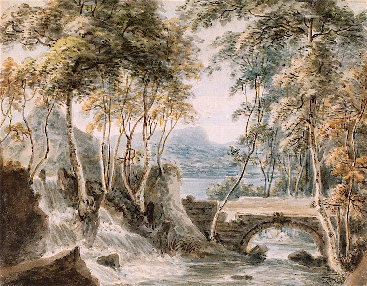 A Wooded Stream with a Waterfall near a Bridge, vintage artwork by Paul Sandby , R.A., 12x8" (A4) Poster