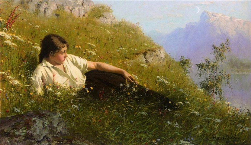 Resting by  the Fjord, vintage artwork by Hans Dahl, 12x8" (A4) Poster