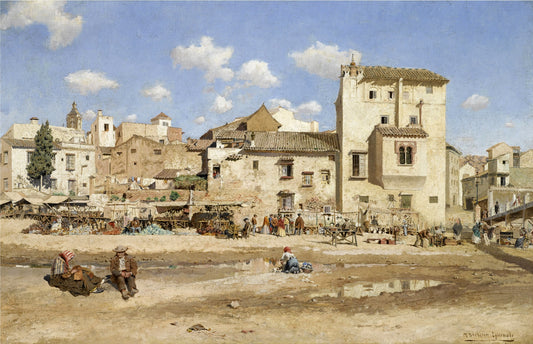 Village street scene, vintage artwork by Mariano Barbasan Lagueruela, 12x8" (A4) Poster