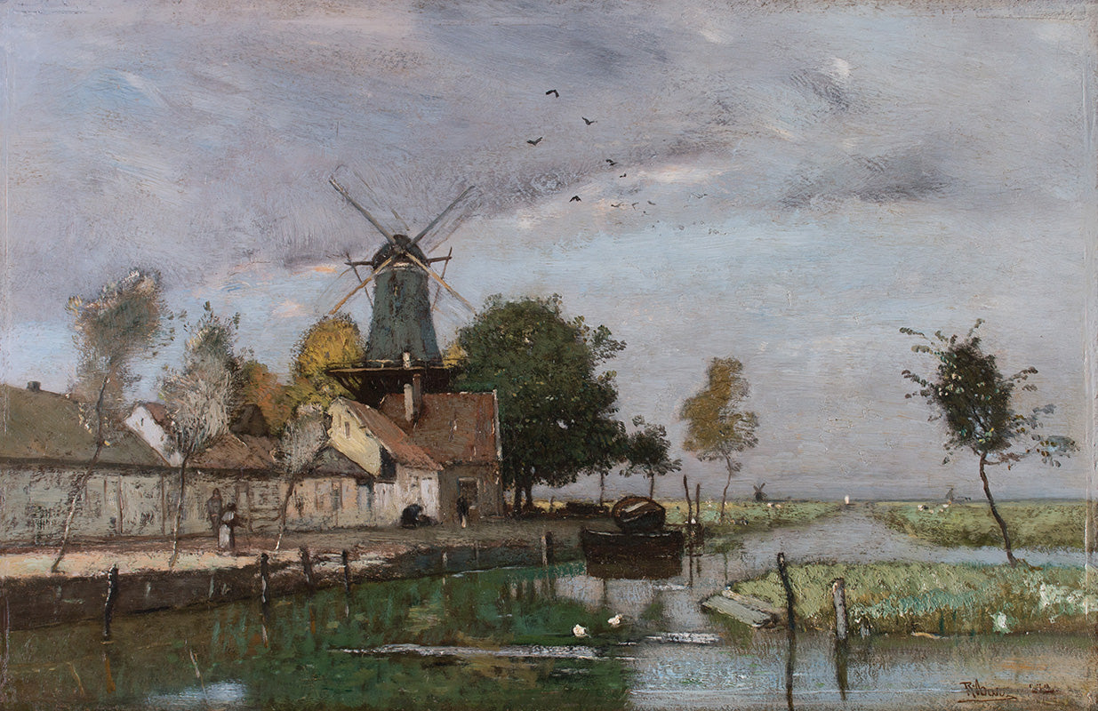 Dutch Canal with Windmill, vintage artwork by Rudolf Ribarz, 12x8" (A4) Poster