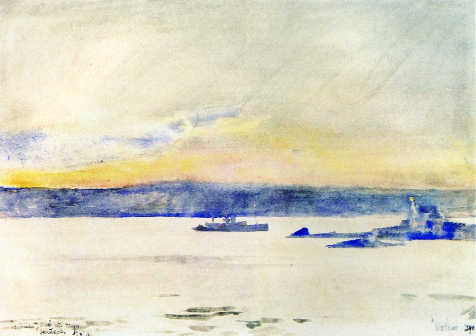 Afterglow, Gloucester Harbor, vintage artwork by Childe Hassam, 12x8" (A4) Poster