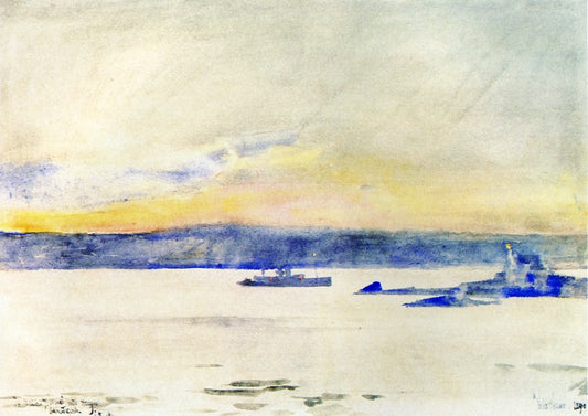 Afterglow, Gloucester Harbor, vintage artwork by Childe Hassam, 12x8" (A4) Poster