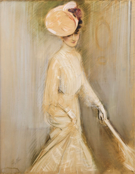 Portrait of a Young Woman with Umbrella, vintage artwork by Paul Cesar Helleu, 12x8" (A4) Poster