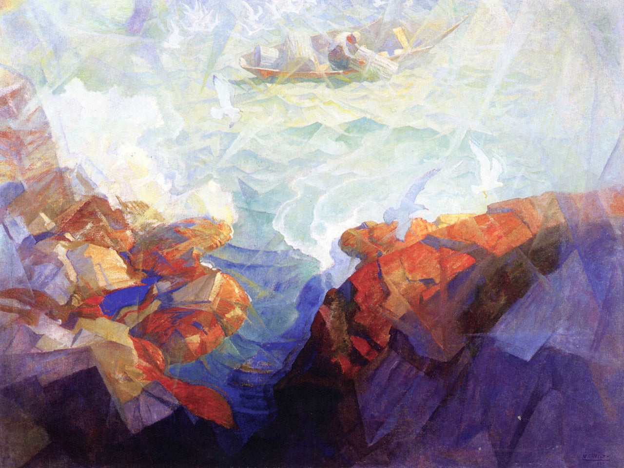 Lobsterman Hauling Trap off Rocky Coastline, vintage artwork by Newell Convers (N.C.) Wyeth, 12x8" (A4) Poster