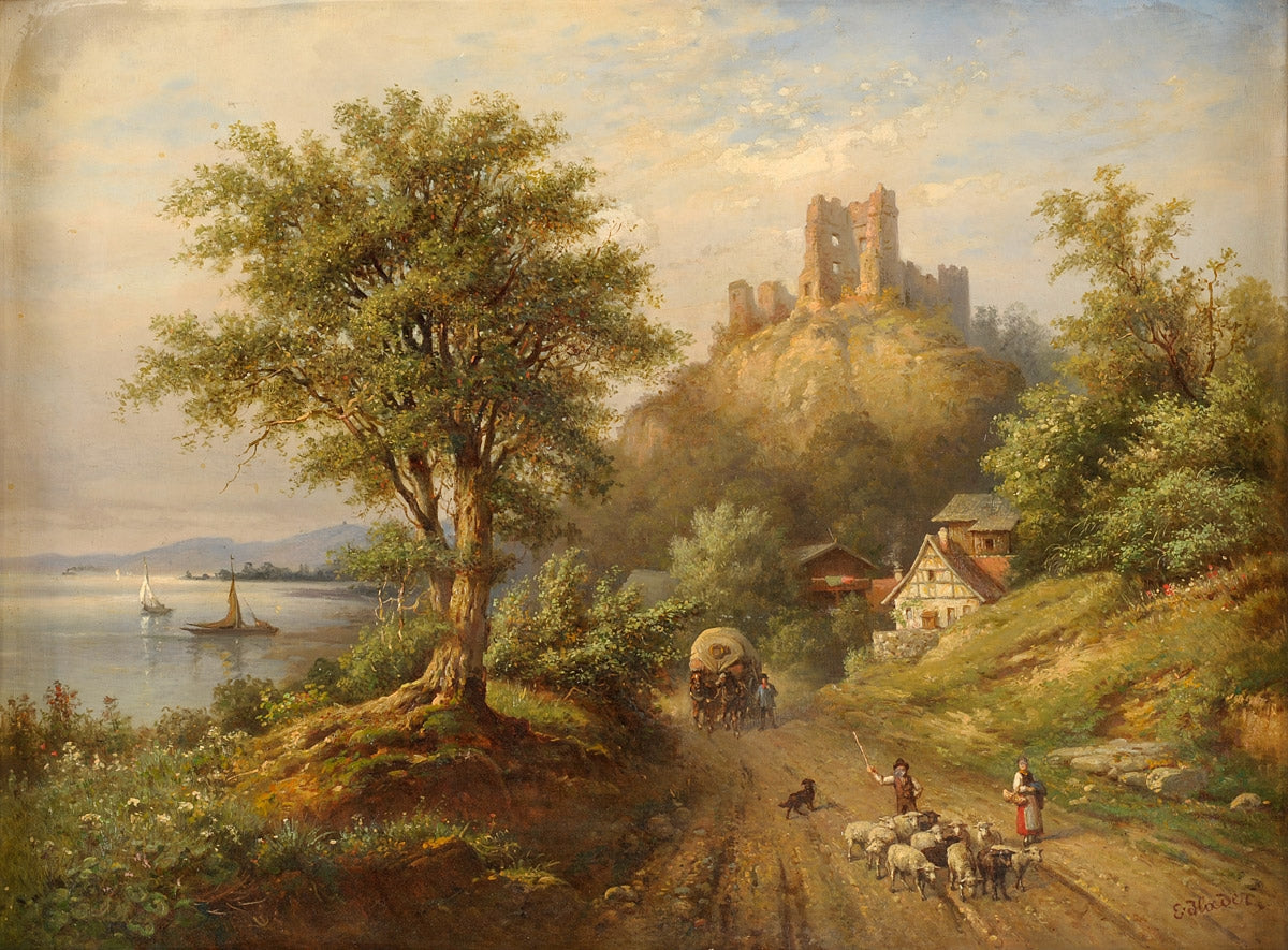 Landscape with Lake and Castle Ruins by Ernst Hader,A3(16x12")Poster