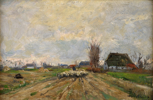 Village street with flock of sheep, vintage artwork by Helmut Liesegang, 12x8" (A4) Poster