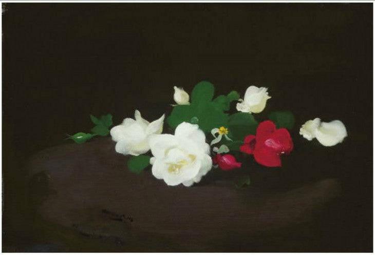 White and pink roses on a round table by James Stuart Park,A3(16x12")Poster