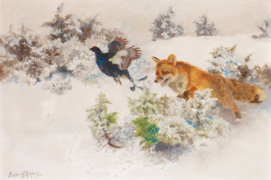 Winter Landscape with Fox and Black Grouse, vintage artwork by Bruno Liljefors, 12x8" (A4) Poster