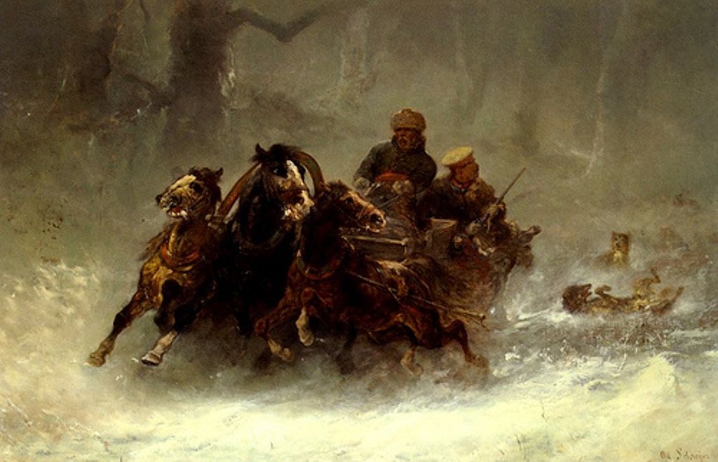 Wolves Attacking the Sleigh, vintage artwork by Adolf Christian Schreyer, 12x8" (A4) Poster