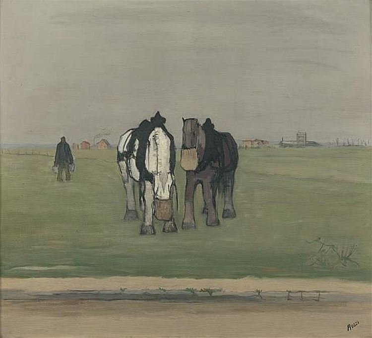 Horses eating Oats, vintage artwork by Joseph Rossi, 12x8" (A4) Poster