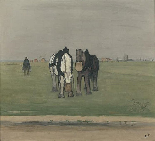 Horses eating Oats, vintage artwork by Joseph Rossi, 12x8" (A4) Poster