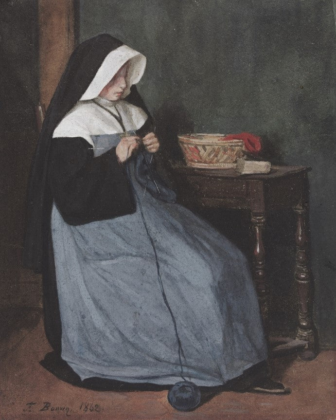 A Nun Seated at a Table Knitting, vintage artwork by François Bonvin, A3 (16x12") Poster Print
