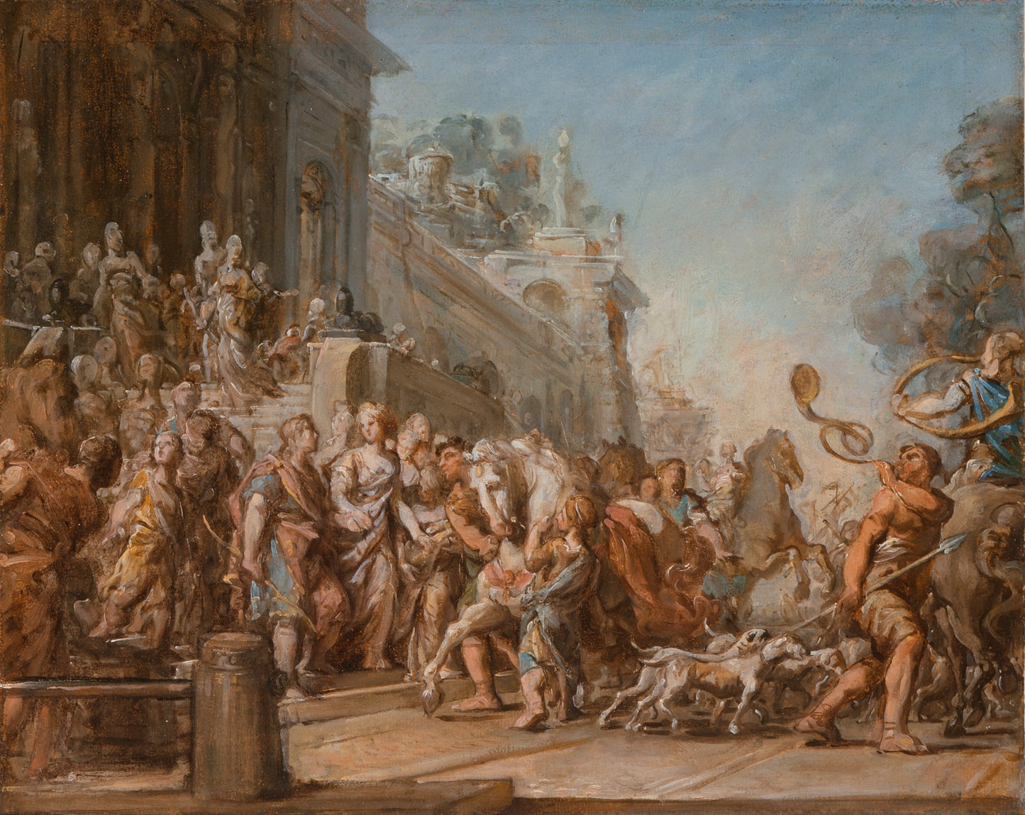 The Departure of Dido and Aeneas for the Hunt, vintage artwork by Jean Bernard Restout, 12x8" (A4) Poster