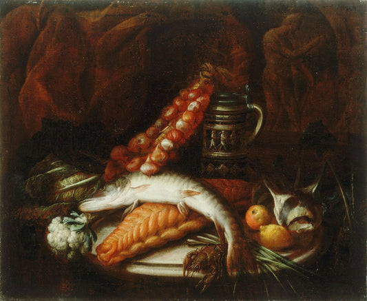 Pike and garlic, vintage artwork by Sebastien Stoskopff, 12x8" (A4) Poster