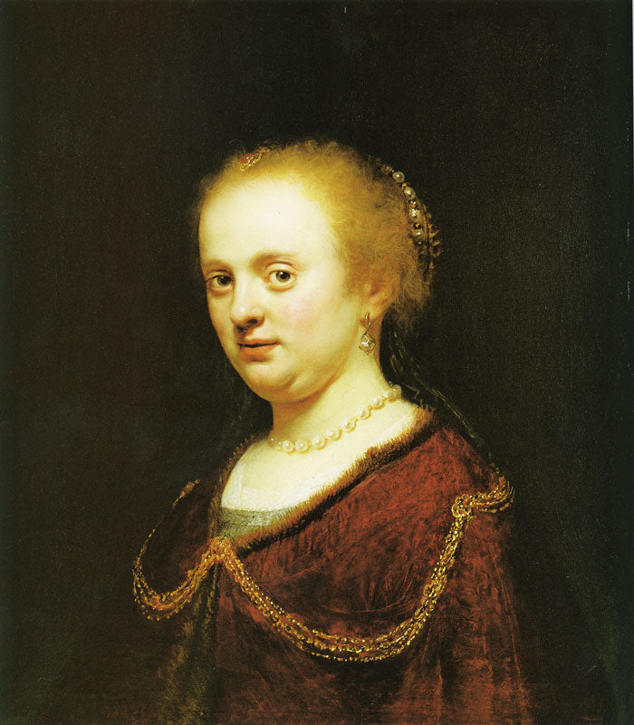 Young Woman with Golden Chain and Pearls, vintage artwork by Govaert Flinck, 12x8" (A4) Poster