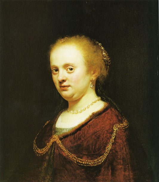 Young Woman with Golden Chain and Pearls, vintage artwork by Govaert Flinck, 12x8" (A4) Poster