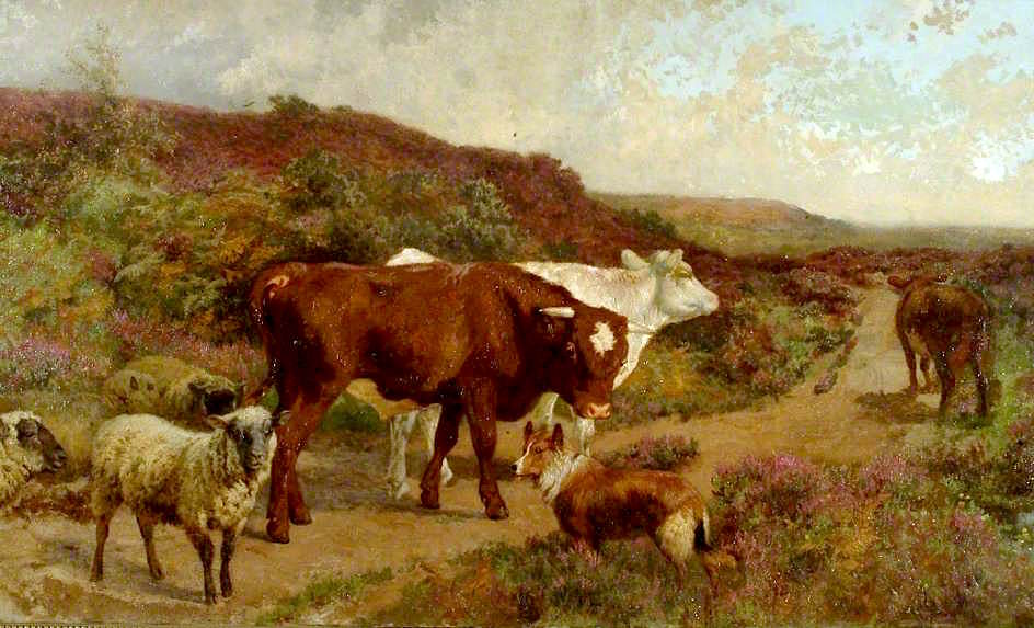 Cattle and a Dog on the Common, vintage artwork by Charles Collins, II, 12x8" (A4) Poster