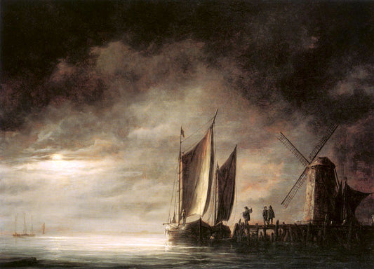 Dordrecht Harbor by  Moonlight, vintage artwork by Aelbert Cuyp, 12x8" (A4) Poster