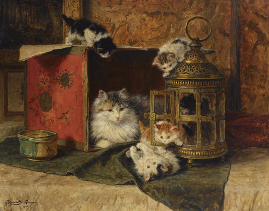 A Mother Cat Watching Her Kittens Playing, vintage artwork by Henriette Ronner-Knip, A3 (16x12") Poster Print