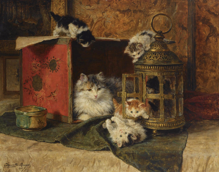 A Mother Cat Watching Her Kittens Playing, vintage artwork by Henriette Ronner-Knip, A3 (16x12
