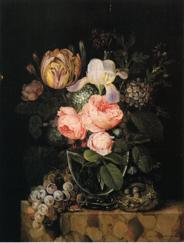 Still Life with Flowers, Grapes and a Bird's Nest, vintage artwork by Michel Joseph Speeckaert, 12x8" (A4) Poster