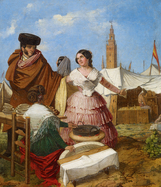 Courting at a Ring-Shaped Pastry Stall at the Seville Fair, vintage artwork by Rafael Benjumea, A3 (16x12") Poster Print
