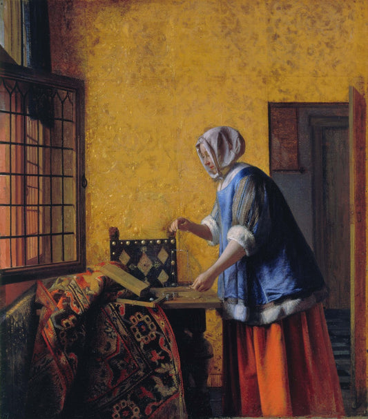 Woman weighing gold coin, vintage artwork by Pieter de Hooch, 12x8" (A4) Poster