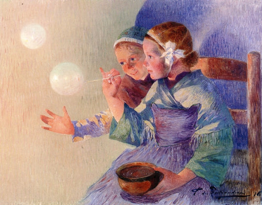 Little Girls with Soap Bubbles, vintage artwork by Ferdinand du Puigaudeau, 12x8" (A4) Poster