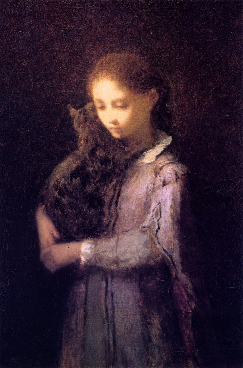 Girl with Kitten, vintage artwork by William Morris Hunt, 12x8" (A4) Poster