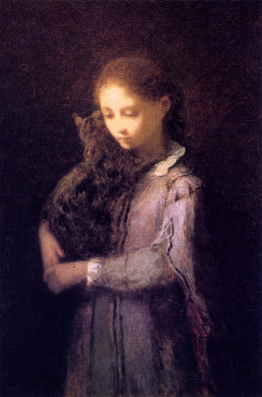 Girl with Kitten, vintage artwork by William Morris Hunt, 12x8" (A4) Poster