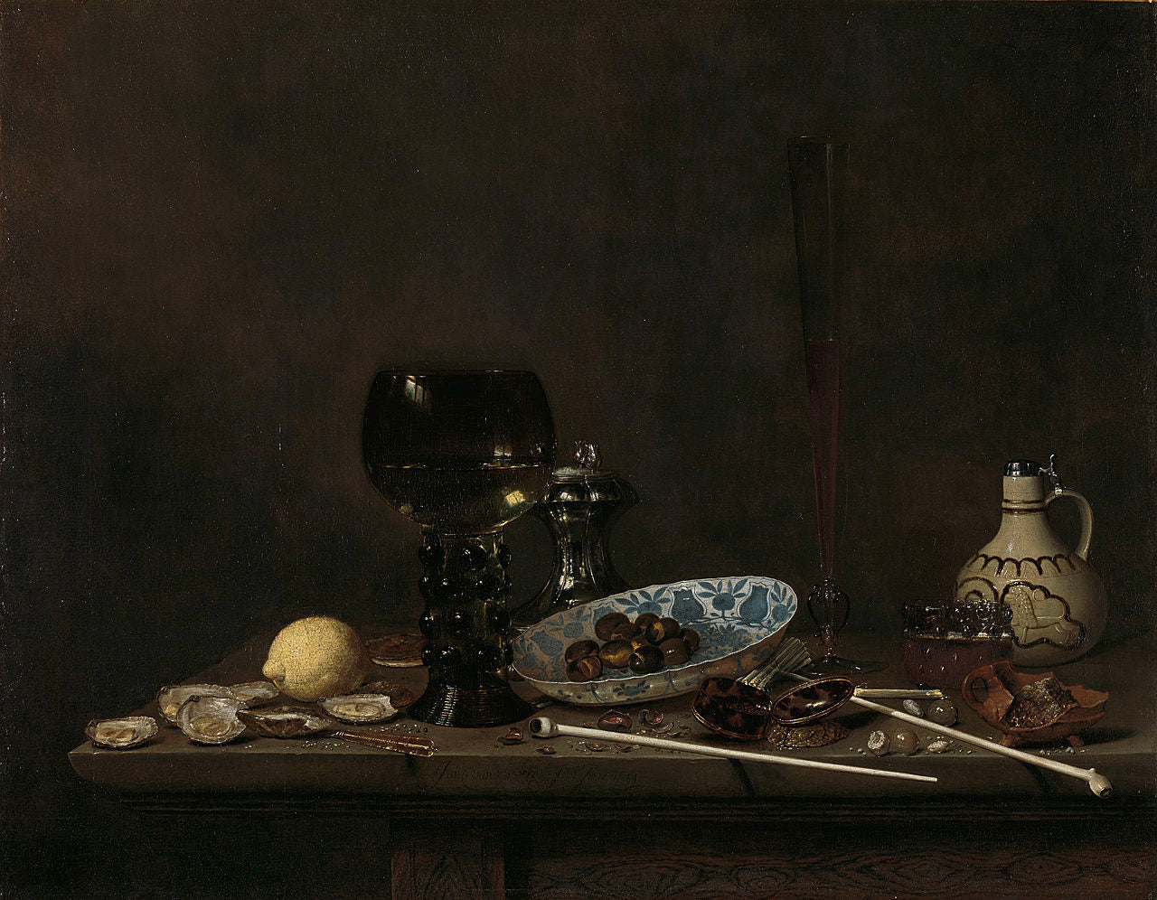 Still Life with Roemer, Flute Glass, Earthenware Jug and Pipes, vintage artwork by Jan van de Velde III, 12x8" (A4) Poster