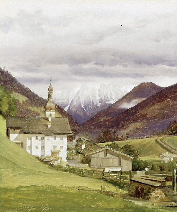 The Church of Ramsau, Austria, vintage artwork by Wilhelm Bendz, A3 (16x12") Poster Print