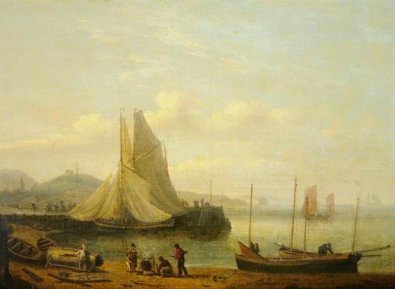 Fisherfolk Repairing Boats on a Beach, vintage artwork by Thomas Luny, 12x8" (A4) Poster