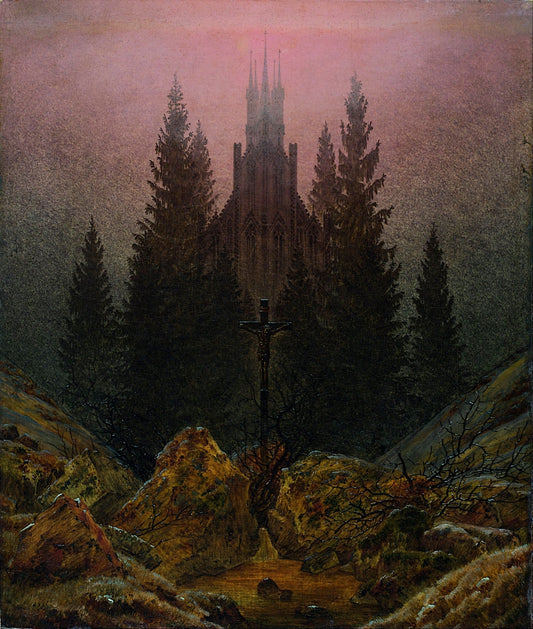 Cross and Cathedral in the Mountains, vintage artwork by Caspar David Friedrich, 12x8" (A4) Poster