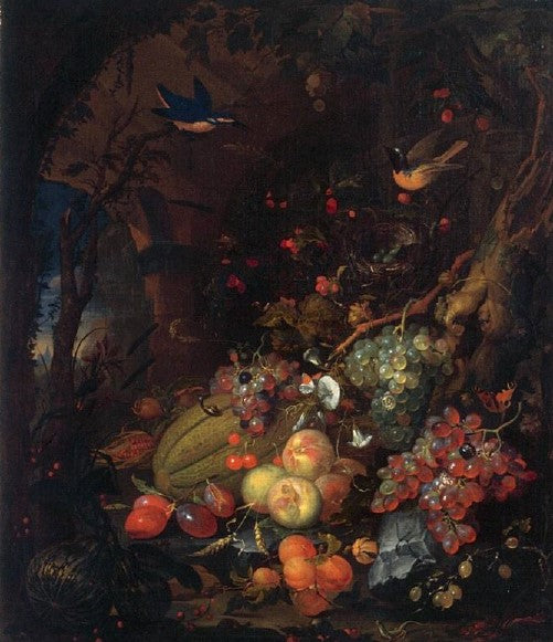 Still Life with Fruit and Animals in a Grotto, vintage artwork by Abraham Mignon, 12x8" (A4) Poster