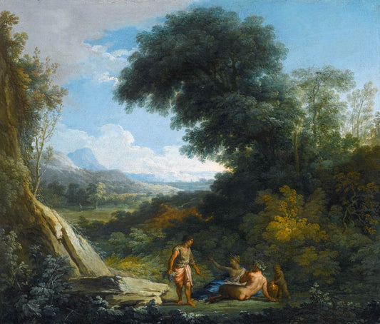 A Faun and a Nymph Reclining in a Landscape, vintage artwork by Andrea Locatelli, 12x8" (A4) Poster
